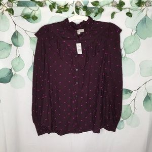 LOFT Size Medium Purple Spotted Ruffle Detail Long Sleeve Blouse NWT